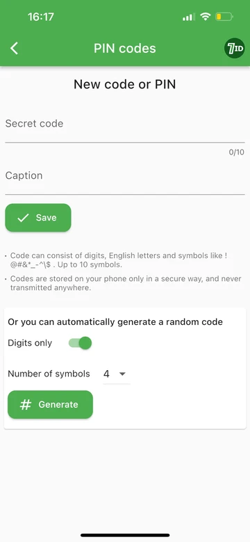 7ID: Ģenerējiet PIN vai kodu